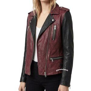 IRO Anabela Colorblock Distressed Leather Biker Moto Jacket Black & Bordeaux